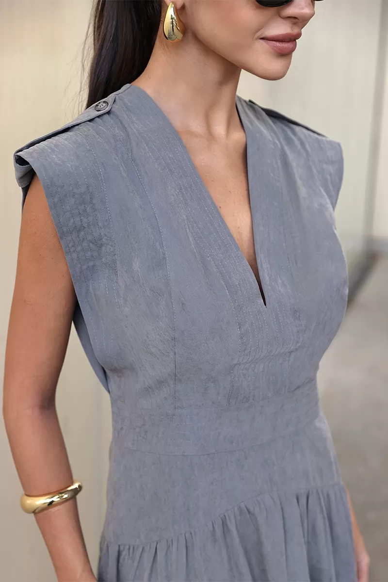 Dot Clothing - Vestido Longo Dot Clothing Pesponto Cinza - 2731CINZA