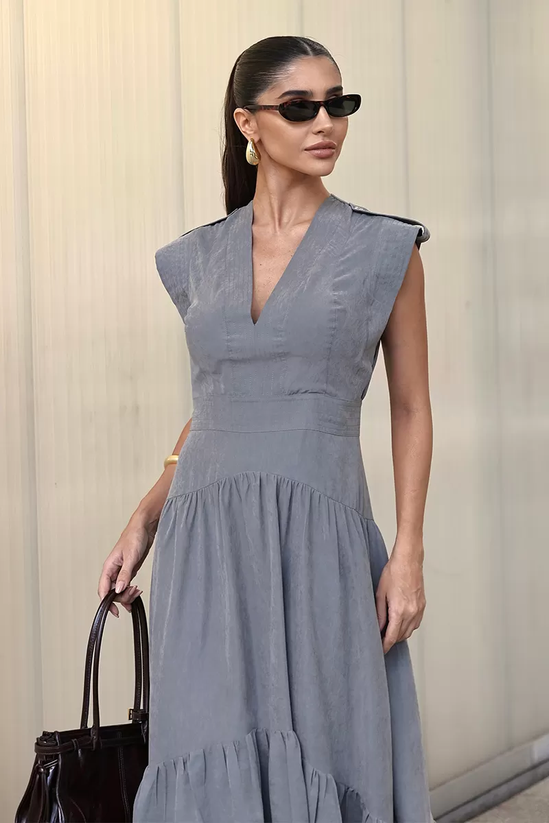 Dot Clothing - Vestido Longo Dot Clothing Pesponto Cinza - 2731CINZA