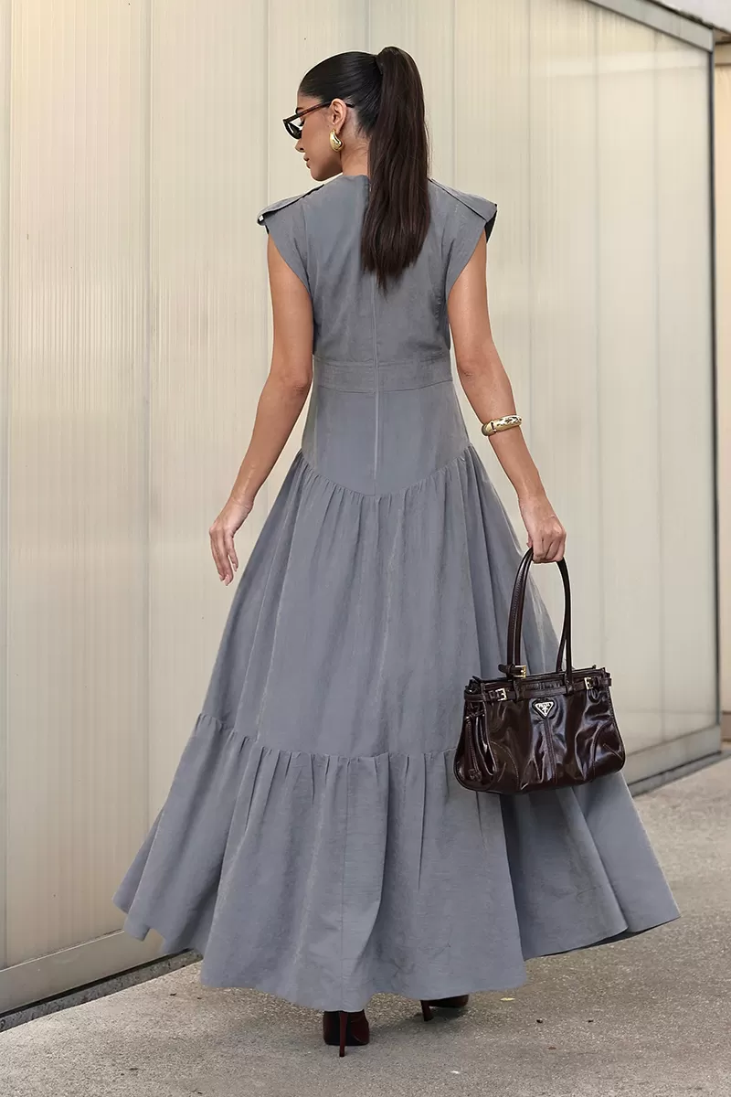 Dot Clothing - Vestido Longo Dot Clothing Pesponto Cinza - 2731CINZA