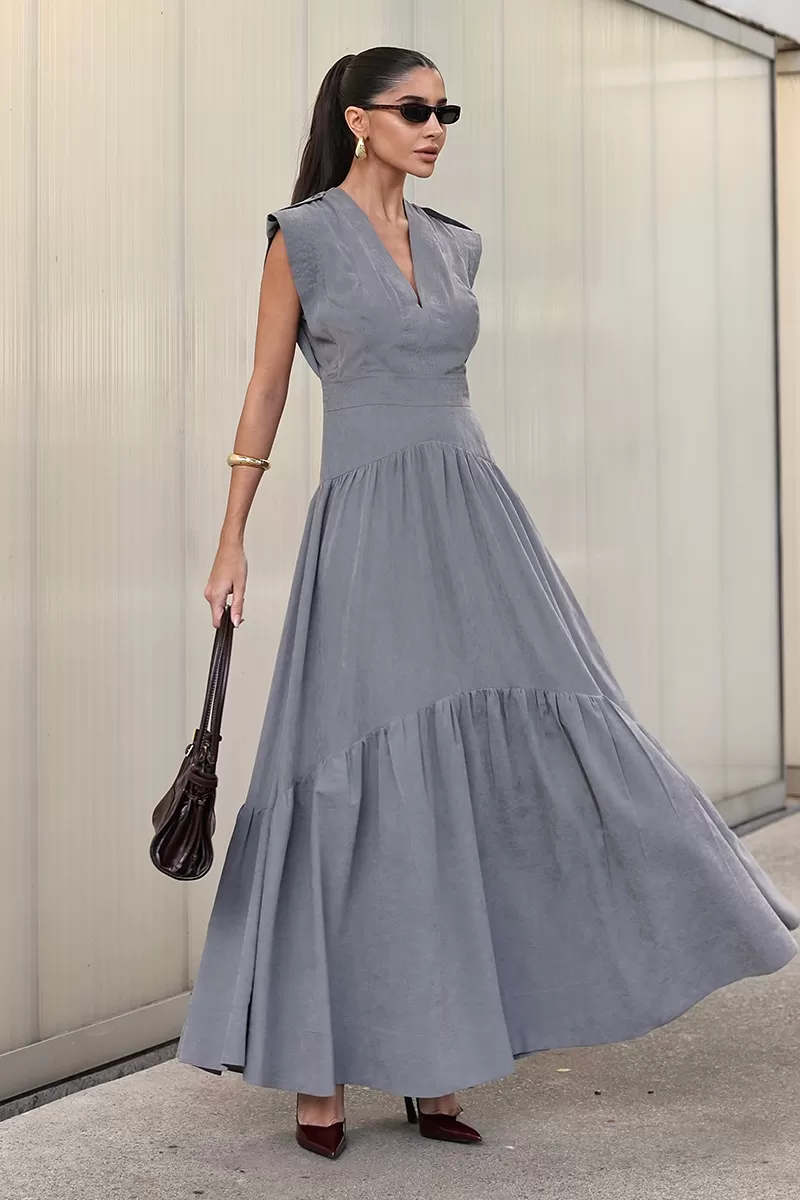 Dot Clothing - Dot Clothing Gray Stitching Long Dress - 2731CINZA