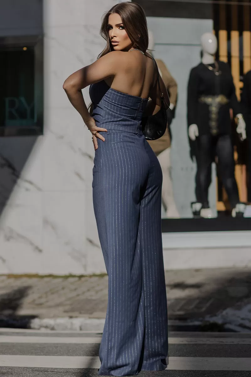 Miss Misses - Ieda Cropped Set and Blue Pinstripe Pants - 54574004