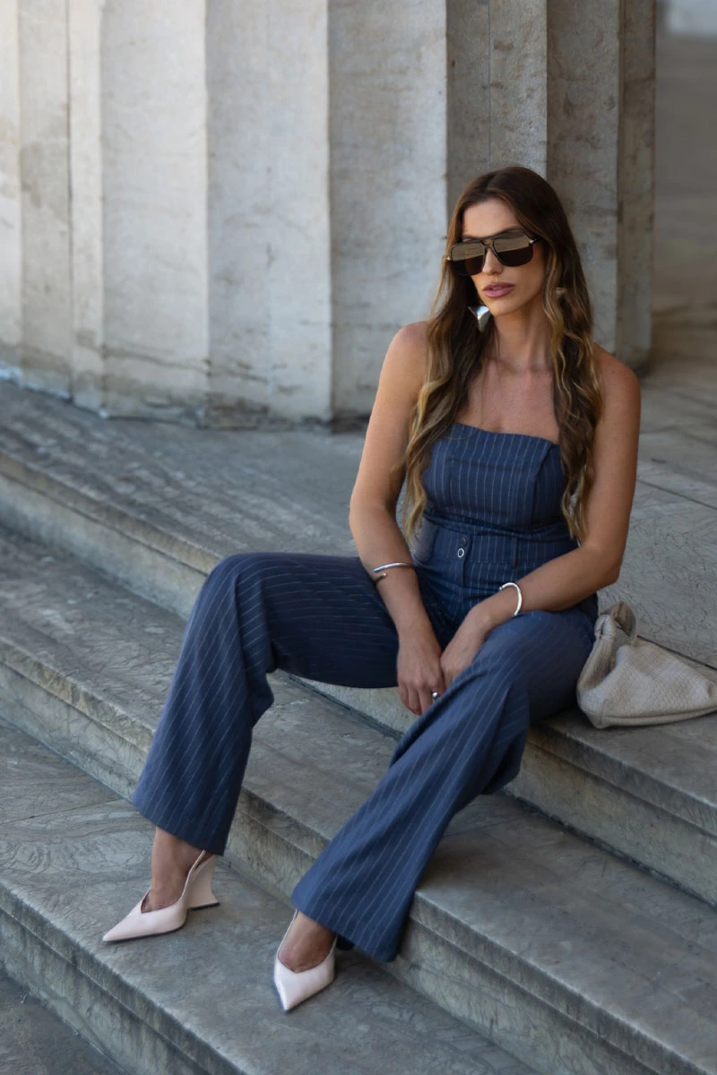 Miss Misses - Ieda Cropped Set and Blue Pinstripe Pants - 54574004