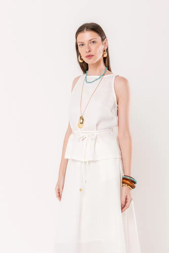 Hidrogênio - REGATA DE LINHO PURO C/ CINTO ROLETE OFF WHITE - 20493018