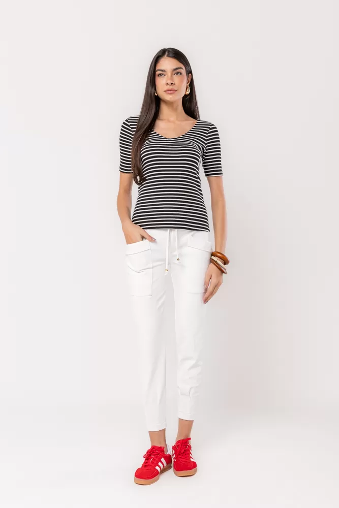 Hidrogênio - BLACK STRIPED V-NECK TOP - 20532001