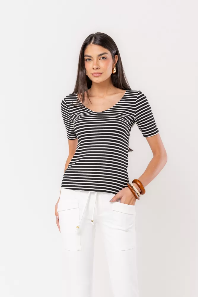 Hidrogênio - BLACK STRIPED V-NECK TOP - 20532001