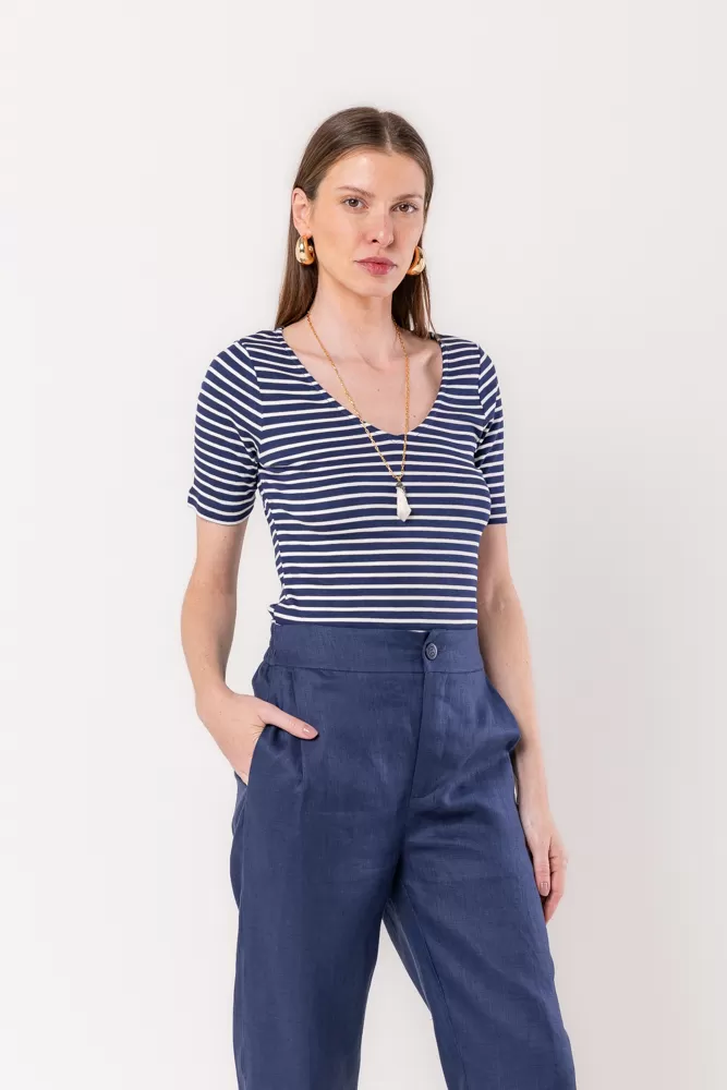Hidrogênio - NAVY STRIPED V-NECK BLOUSE - 20532004