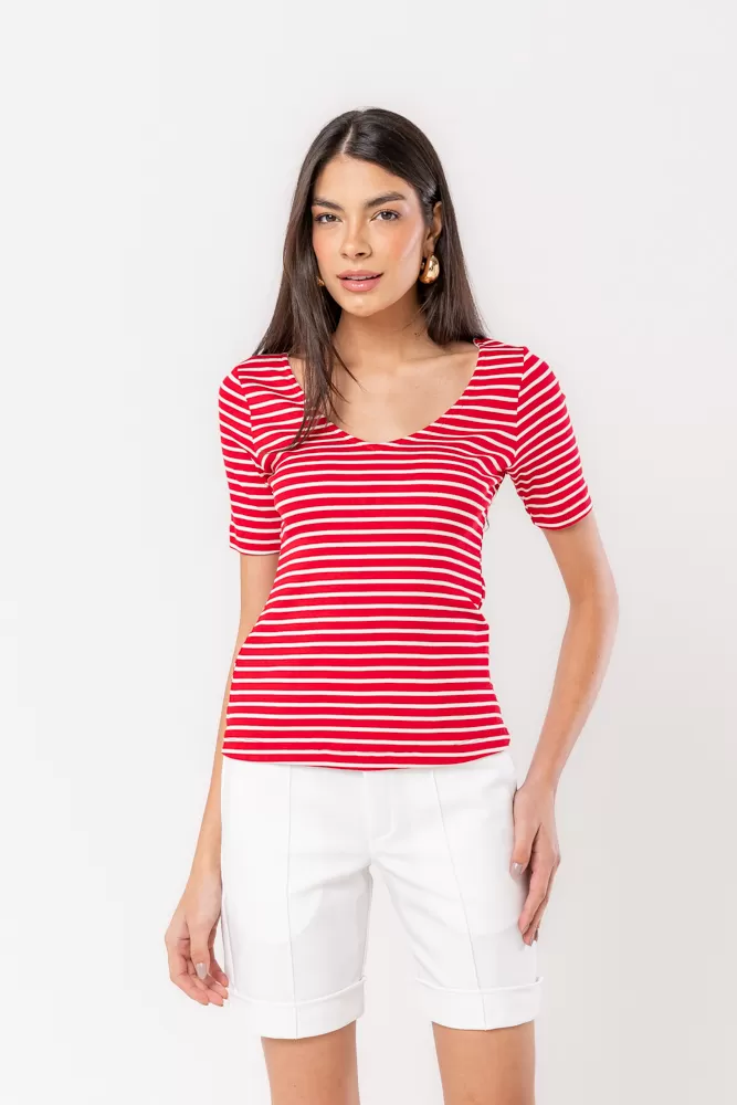 Hidrogênio - RED STRIPED V-NECK TOP - 20532008