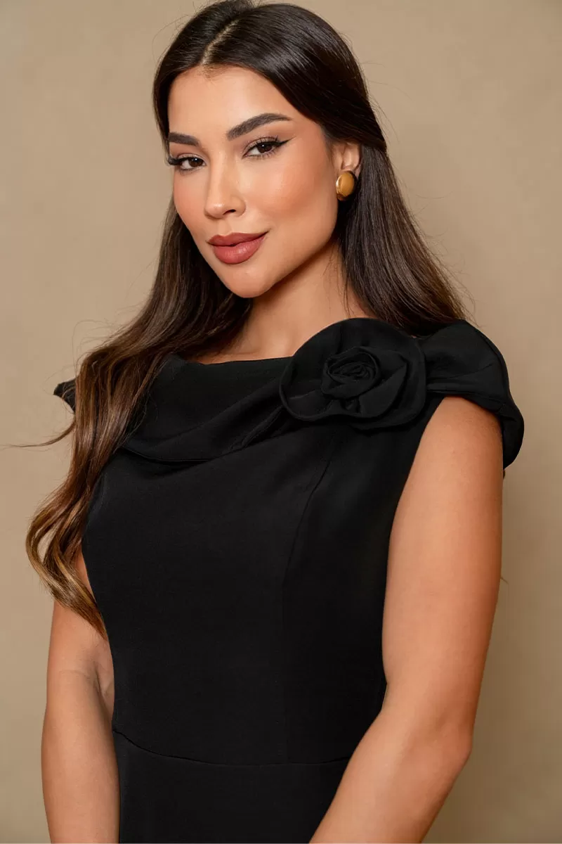 Miss Misses - Hilda Dress with Flower Detail on the Collar in Black - 54592001