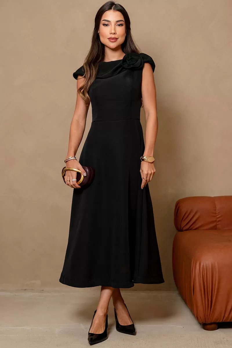 Miss Misses - Hilda Dress with Flower Detail on the Collar in Black - 54592001