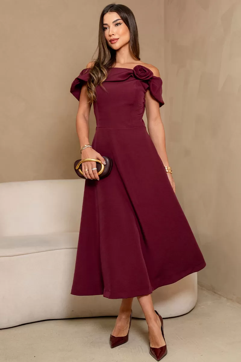 Miss Misses - Vestido Midi Hilda Rodado Com Detalhe de Flor Vinho - 54592006