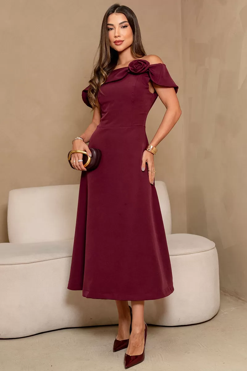 Miss Misses - Vestido Midi Hilda Rodado Com Detalhe de Flor Vinho - 54592006