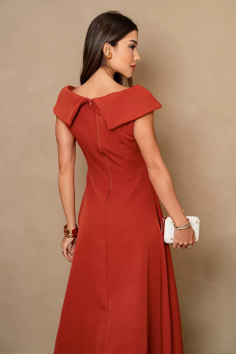 Miss Misses - Hilda Dress with Flower Detail on the Collar in Rust - 54592025