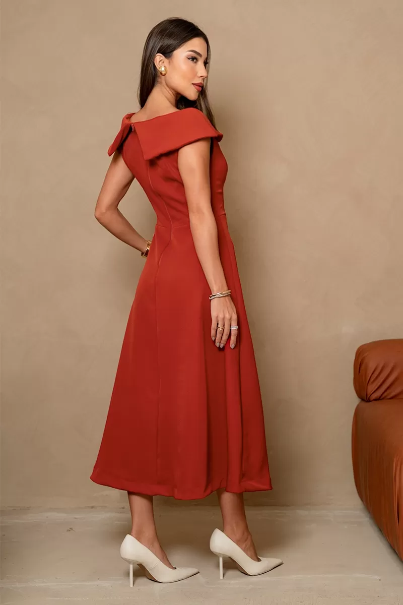 Miss Misses - Hilda Dress with Flower Detail on the Collar in Rust - 54592025