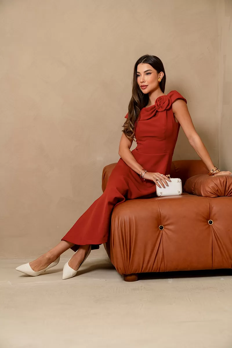 Miss Misses - Hilda Dress with Flower Detail on the Collar in Rust - 54592025