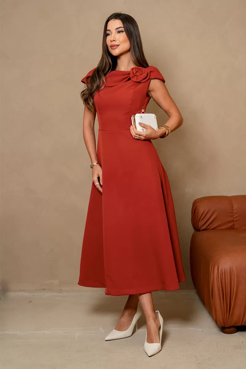 Miss Misses - Hilda Dress with Flower Detail on the Collar in Rust - 54592025