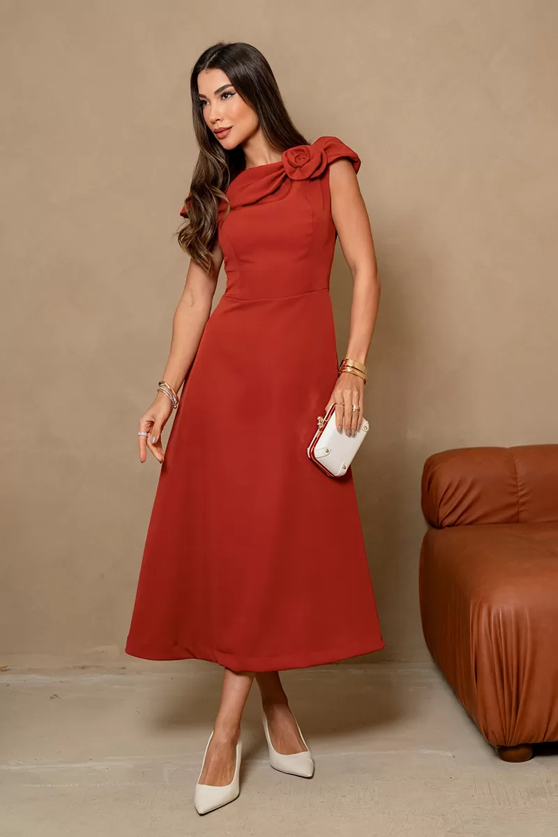 Miss Misses - Hilda Dress with Flower Detail on the Collar in Rust - 54592025
