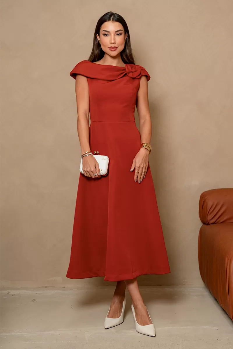 Miss Misses - Hilda Dress with Flower Detail on the Collar in Rust - 54592025