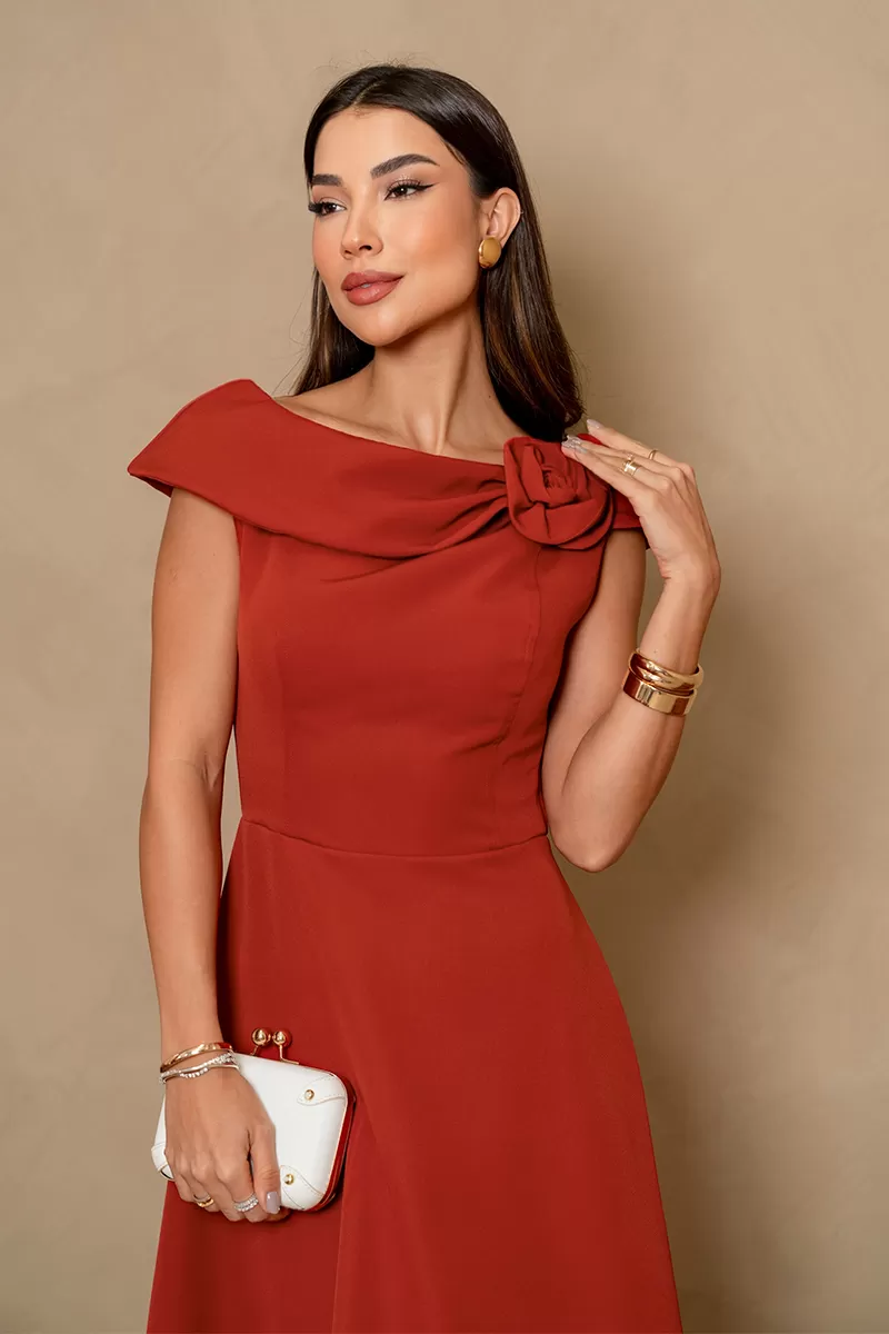 Miss Misses - Hilda Dress with Flower Detail on the Collar in Rust - 54592025