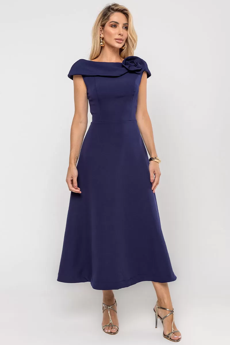 Miss Misses - Hilda Dress with Flower Detail on the Collar in Navy Blue - 54592004