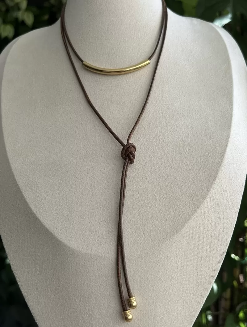 Mikabe - Colar Boho Cordão Encerado Marrom Tubinho - MK2078