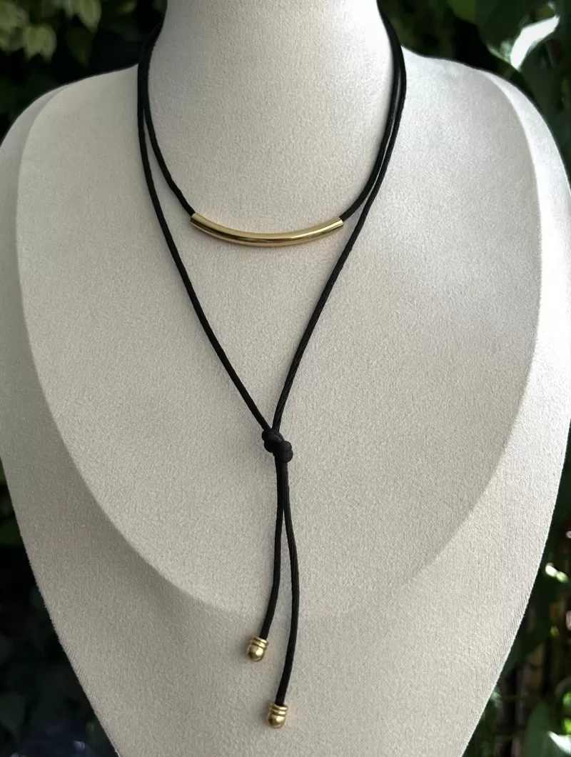 Mikabe - Colar Boho Cordão Cetim Preto Tubinho - MK2079