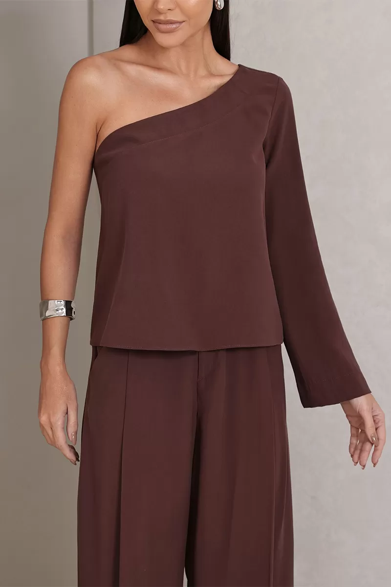 Dot Clothing - Set Dot Clothing Pantalona Shirt One Shoulder Brown - 2756MARROM