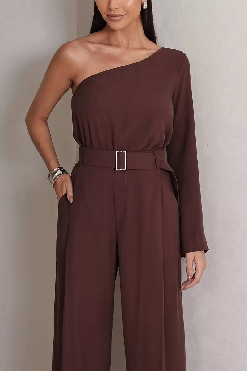 Dot Clothing - Set Dot Clothing Pantalona Shirt One Shoulder Brown - 2756MARROM