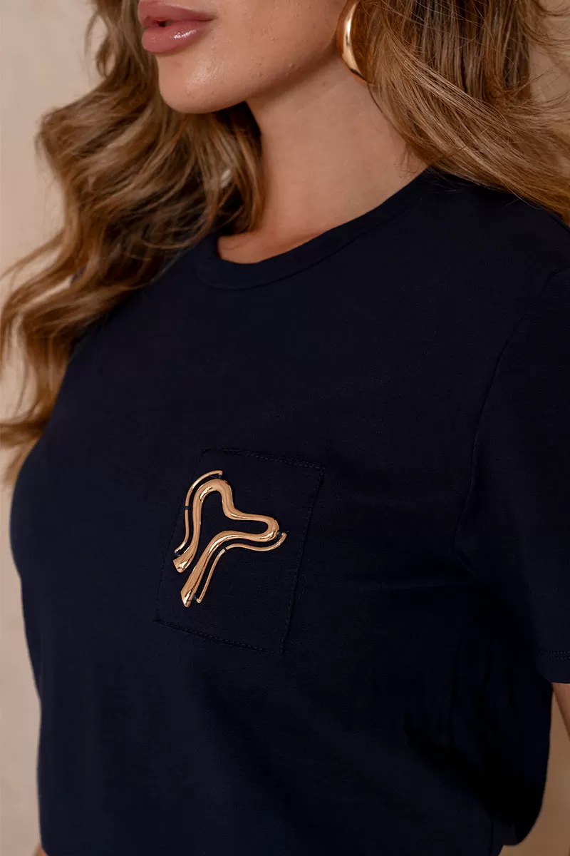 Miss Misses - Tamires Short Sleeve Shirt with Navy Metal Detail - 54600004