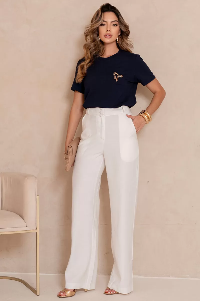 Miss Misses - Tamires Short Sleeve Shirt with Navy Metal Detail - 54600004