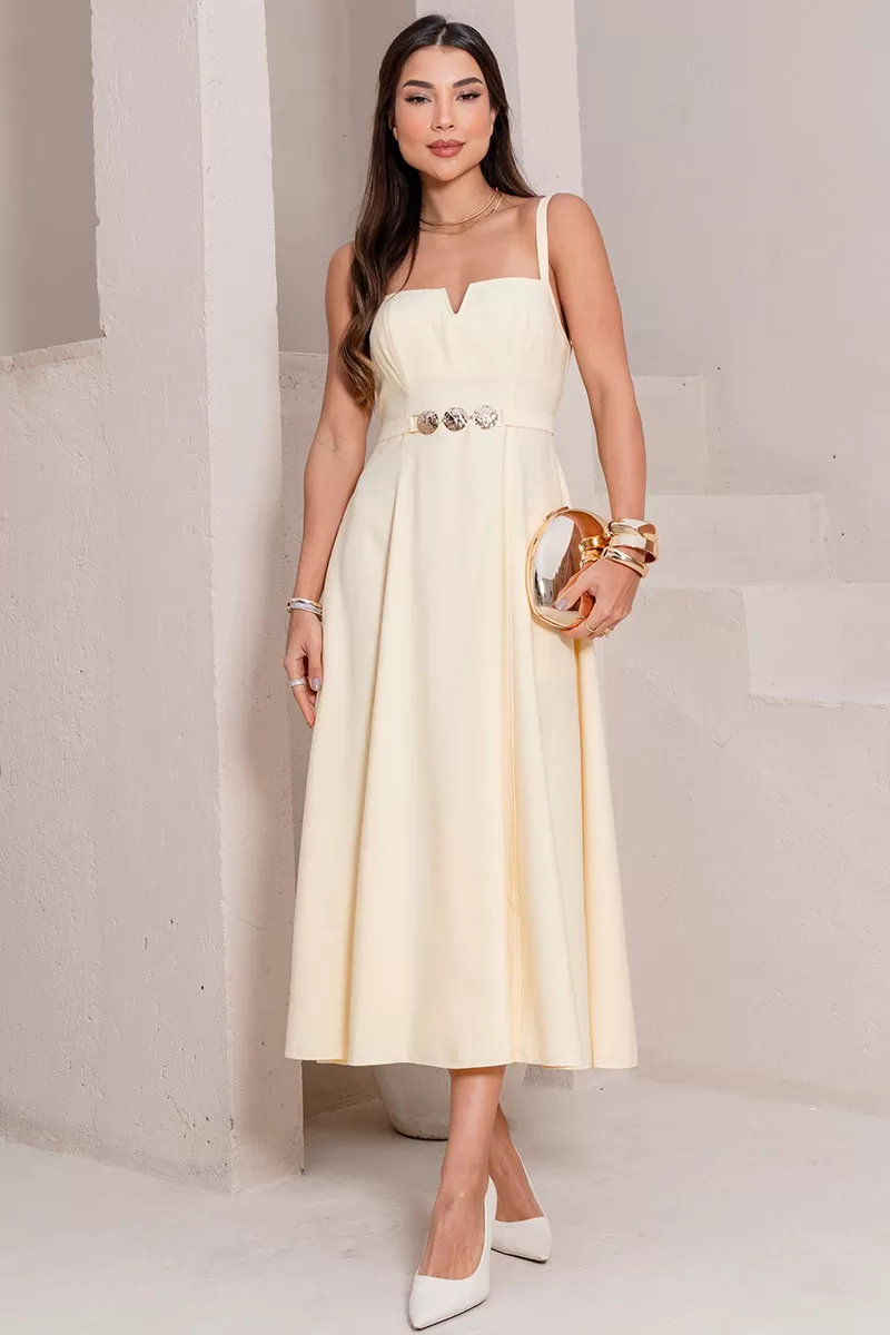 Miss Misses - Blue Dress with V-Neckline and Straps, Metal Detail on the Front, Yellow - 54621003