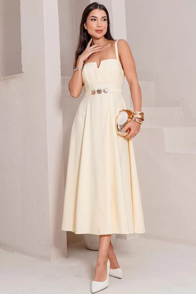 Miss Misses - Blue Dress with V-Neckline and Straps, Metal Detail on the Front, Yellow - 54621003