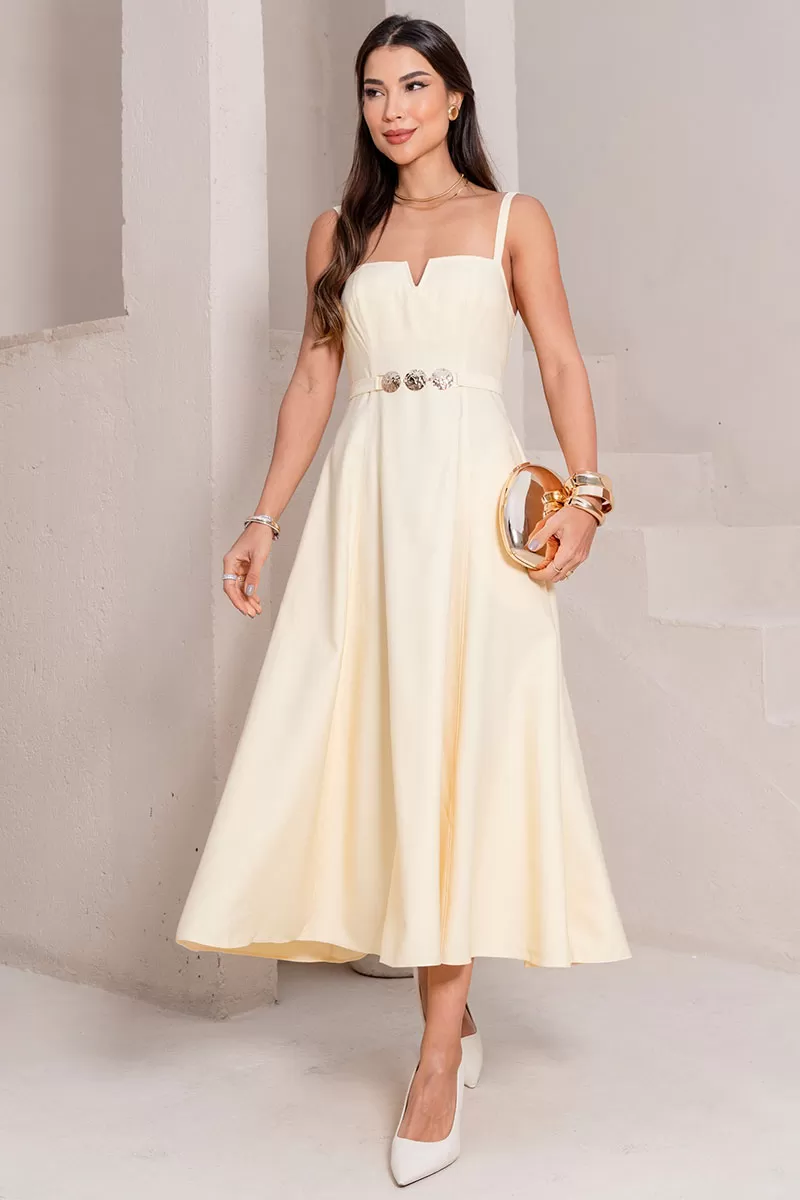 Miss Misses - Blue Dress with V-Neckline and Straps, Metal Detail on the Front, Yellow - 54621003