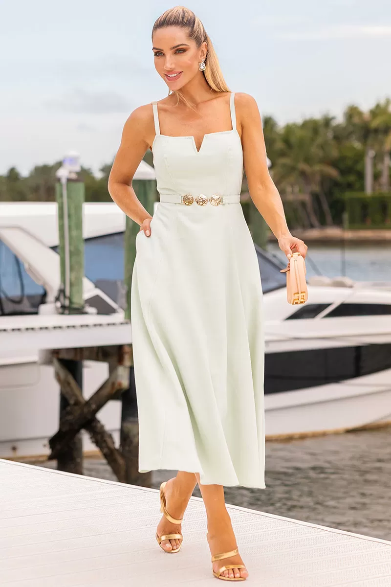 Miss Misses - Blue Dress with V-Neckline and Straps, Metal Detail on the Front, Green - 54621023