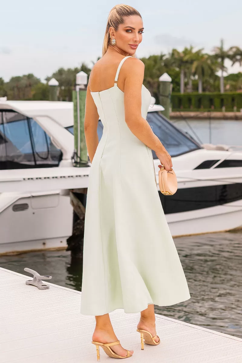 Miss Misses - Blue Dress with V-Neckline and Straps, Metal Detail on the Front, Green - 54621023