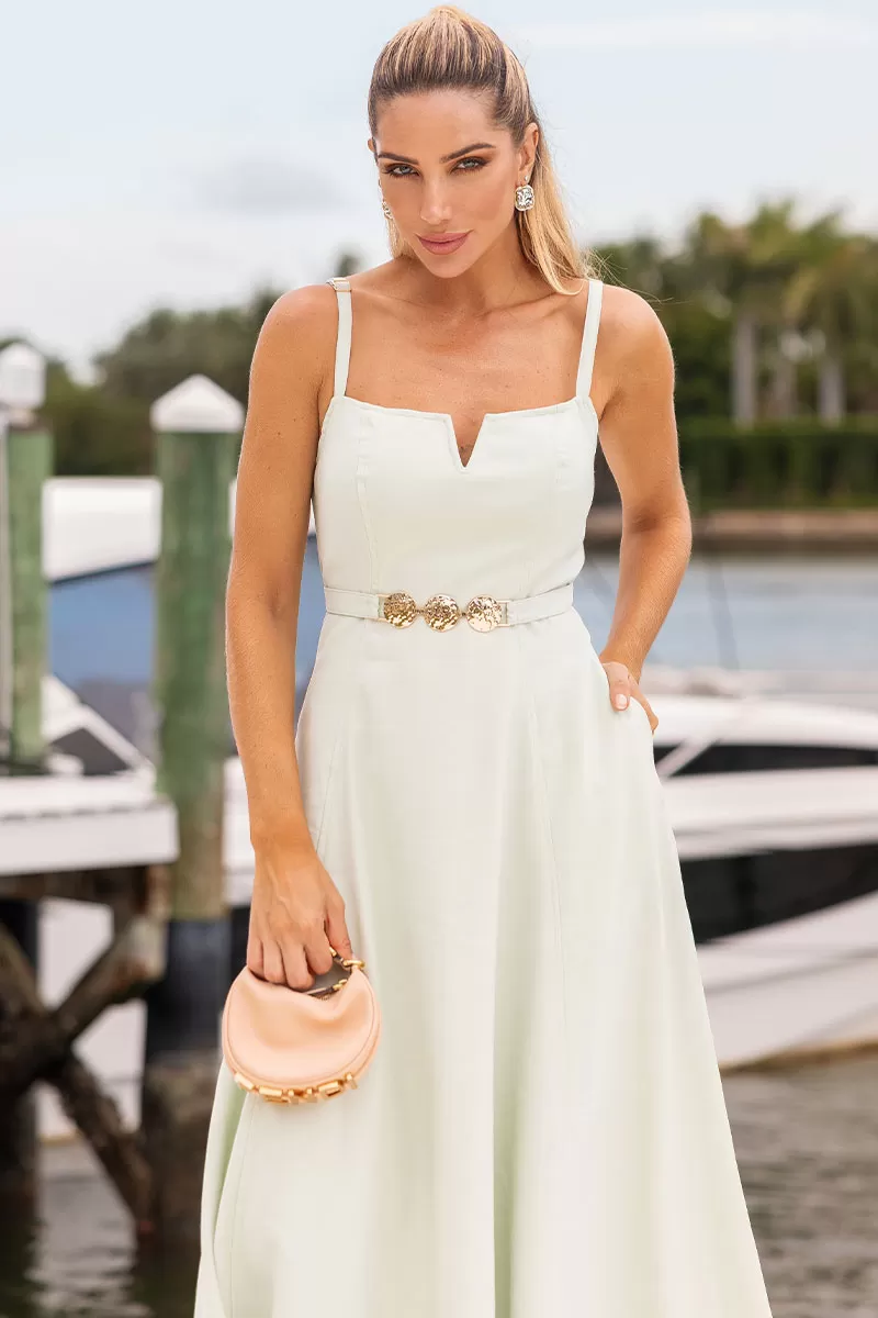 Miss Misses - Blue Dress with V-Neckline and Straps, Metal Detail on the Front, Green - 54621023