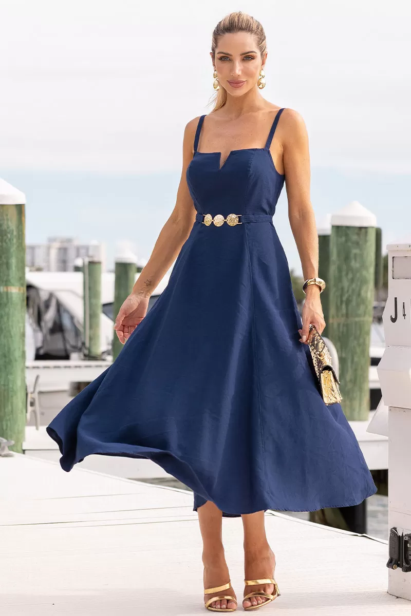 Miss Misses - Dress Blace C/V Neckline/Straps Metal Detail On The Front Navy Blue - 54621004