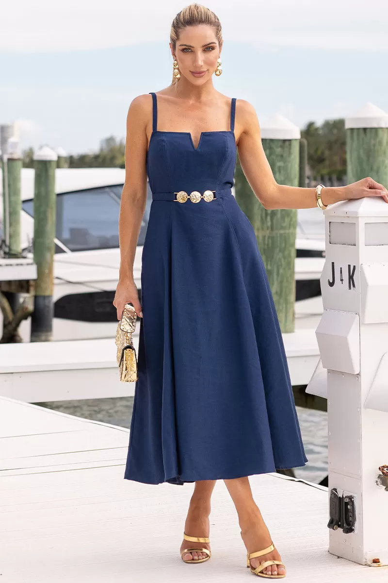 Miss Misses - Dress Blace C/V Neckline/Straps Metal Detail On The Front Navy Blue - 54621004