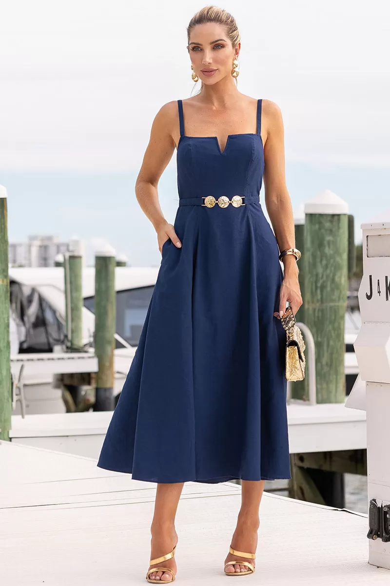 Miss Misses - Dress Blace C/V Neckline/Straps Metal Detail On The Front Navy Blue - 54621004