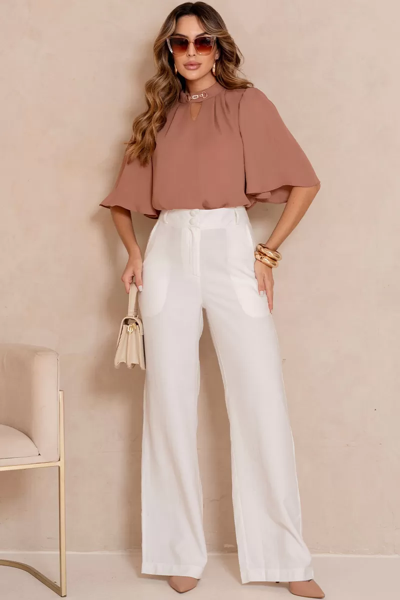 Miss Misses - Cleide Crepe Shirt with Metal Detail Caramel Collar - 54622134