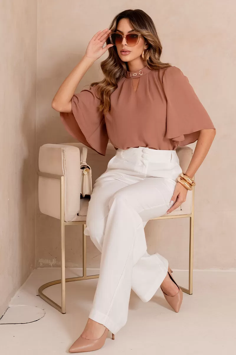Miss Misses - Cleide Crepe Shirt with Metal Detail Caramel Collar - 54622134