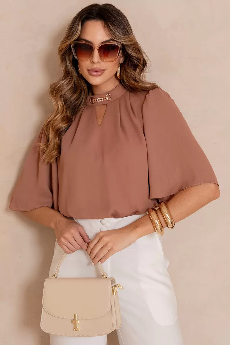 Miss Misses - Cleide Crepe Shirt with Metal Detail Caramel Collar - 54622134