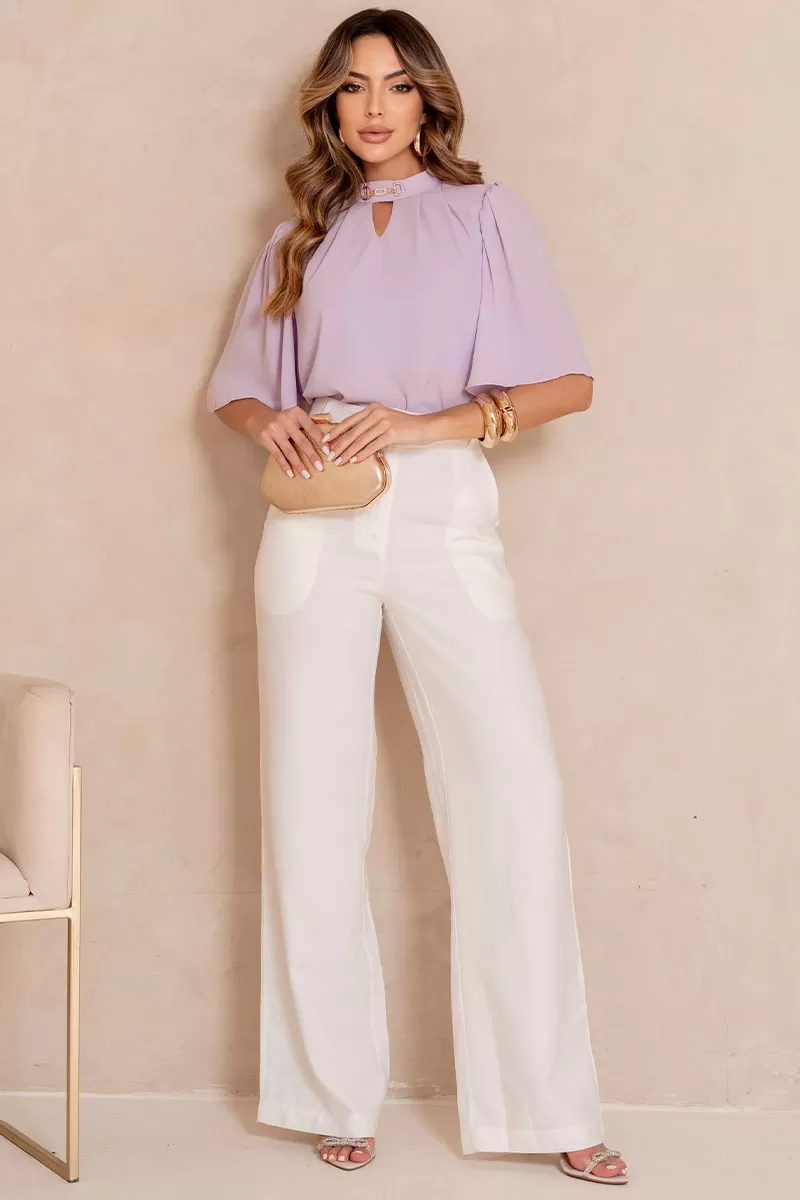 Miss Misses - Cleide Crepe Shirt with Metal Detail and Lilac Collar - 54622050