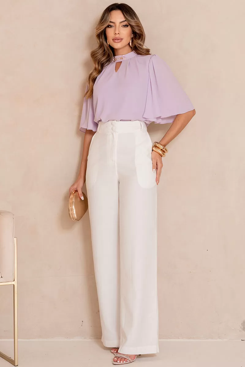 Miss Misses - Cleide Crepe Shirt with Metal Detail and Lilac Collar - 54622050