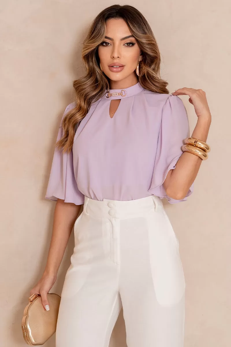 Miss Misses - Cleide Crepe Shirt with Metal Detail and Lilac Collar - 54622050