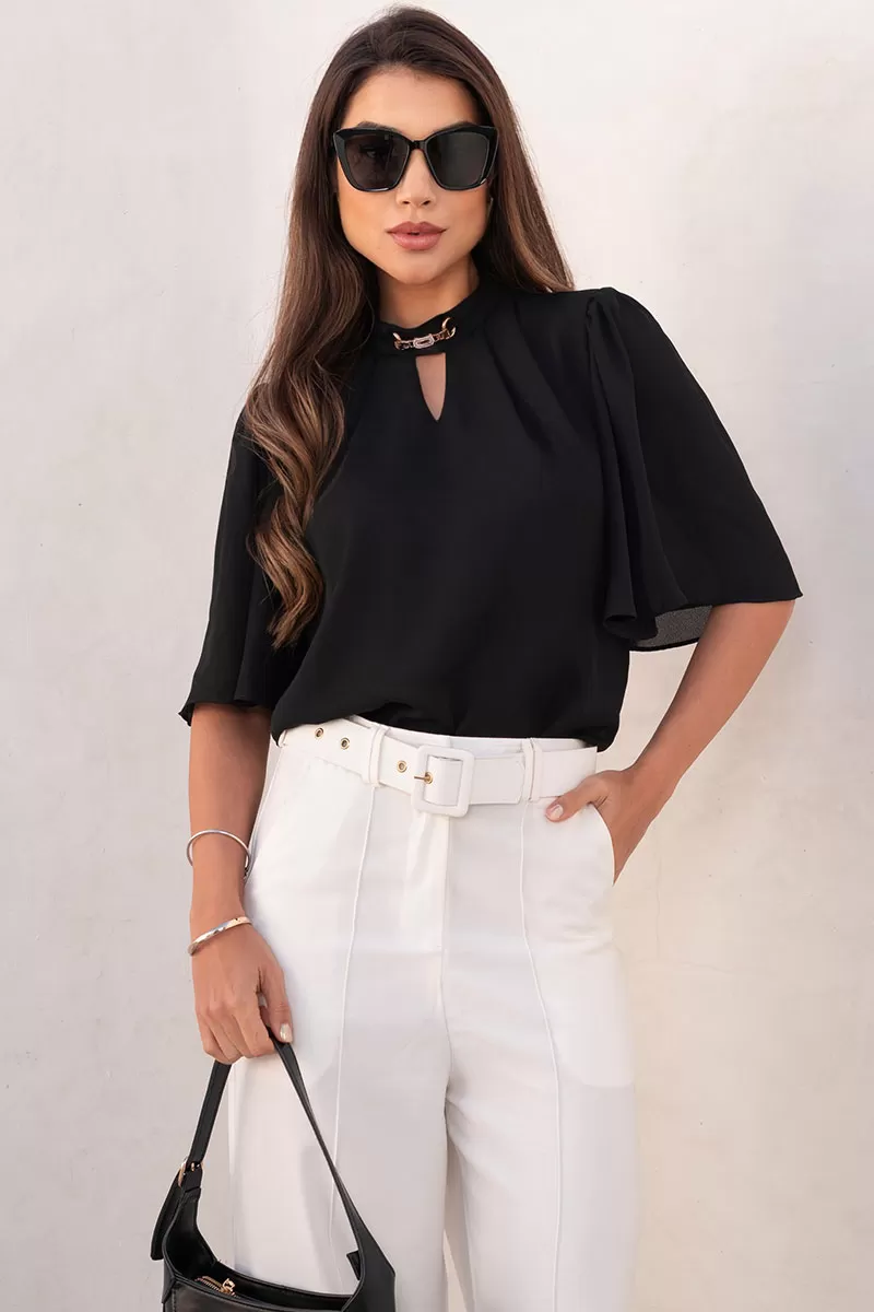 Miss Misses - Cleide Crepe Shirt with Metal Detail and Black Collar - 54622001
