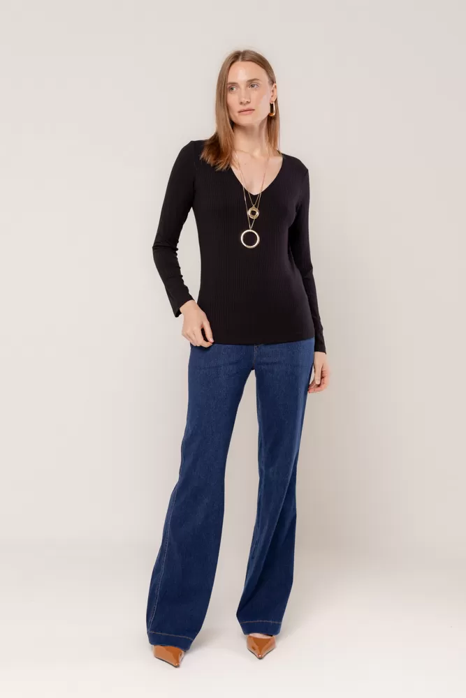 Hidrogênio - BLACK LONG SLEEVE V-NECK BLOUSE - 18235001