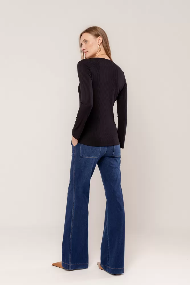 Hidrogênio - BLACK LONG SLEEVE V-NECK BLOUSE - 18235001