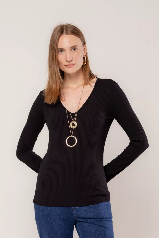 Hidrogênio - BLACK LONG SLEEVE V-NECK BLOUSE - 18235001