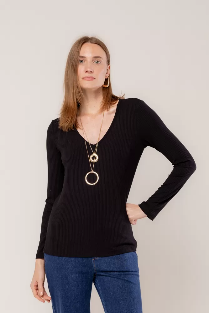 Hidrogênio - BLACK LONG SLEEVE V-NECK BLOUSE - 18235001