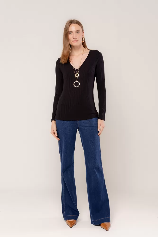 Hidrogênio - BLACK LONG SLEEVE V-NECK BLOUSE - 18235001